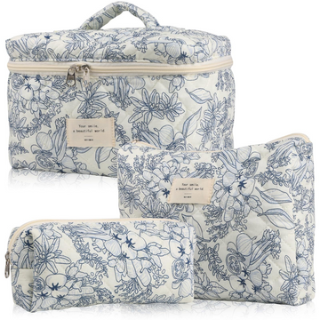 Trousse de toilette 3 pcs de Voyage Pour Femmes Volume élevé Motifs bleus élégants Matière coton À zip Trousse de Maquillage